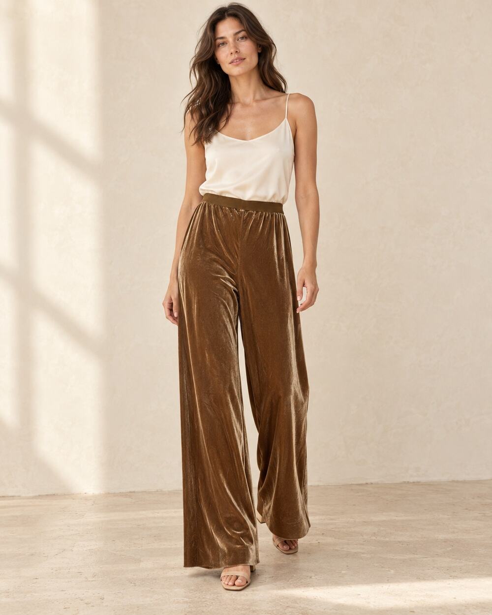 Mes Demoiselles Paris "Slither" Velvet Wide-Leg Pants Camel Brown Silk Blend S